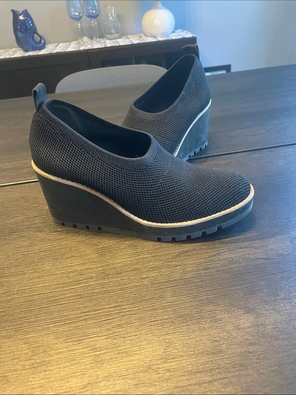 Eileen Fisher Black Knit Slip-On Wedge Sneakers with Tan Trim
